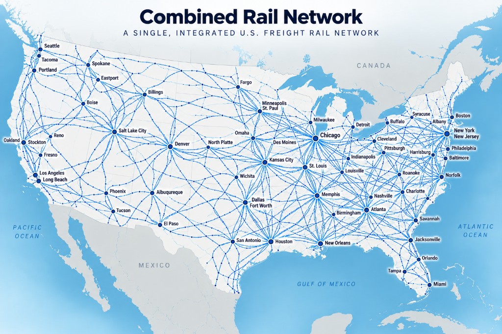 Combined rail network map of intermodal service across the United States